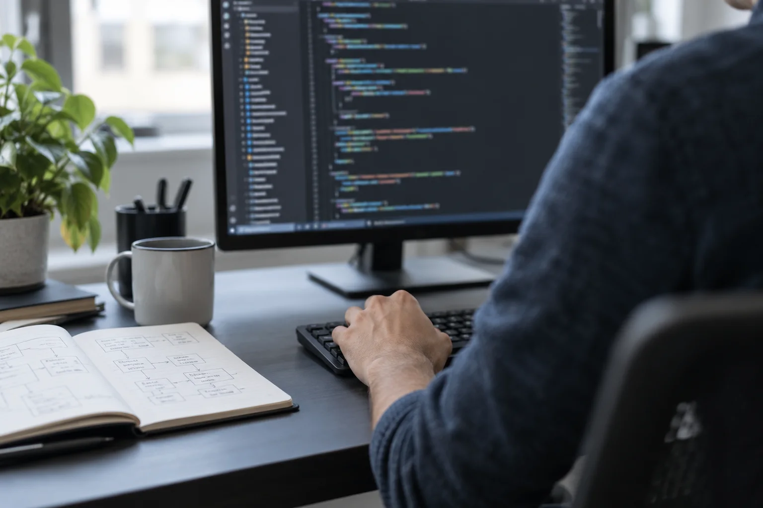 Developer building a custom application with code and workflow sketches