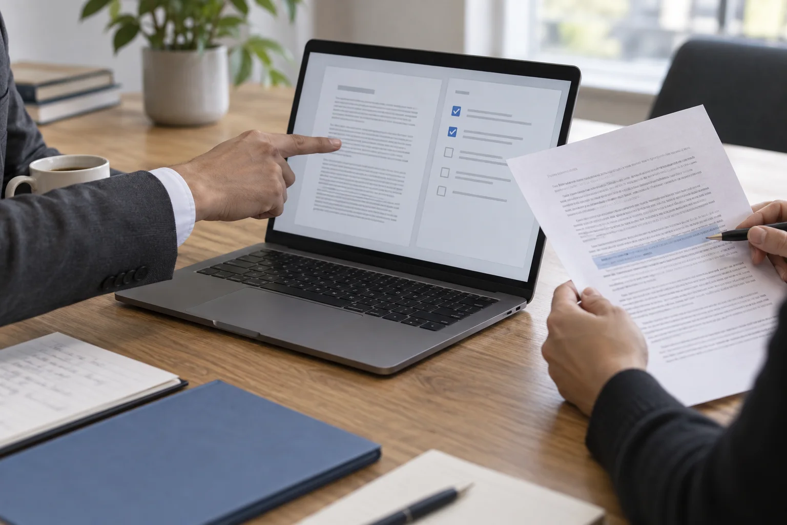 Team reviewing source documents and approval steps in a shared application