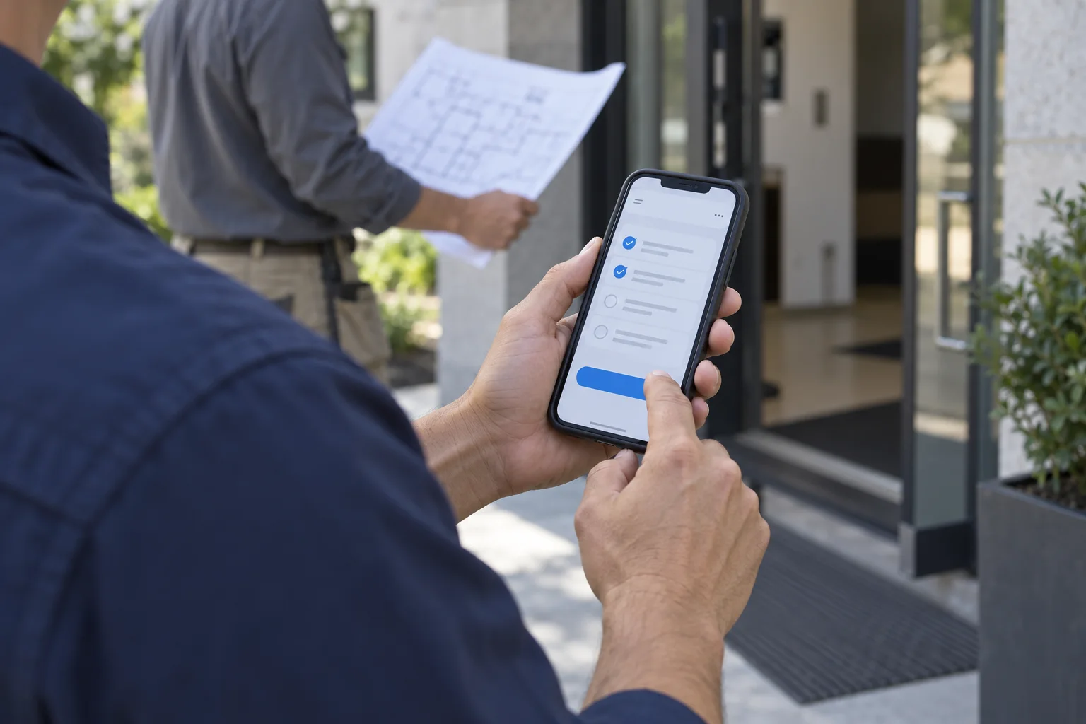 Service team coordinating an on-site job through a mobile application