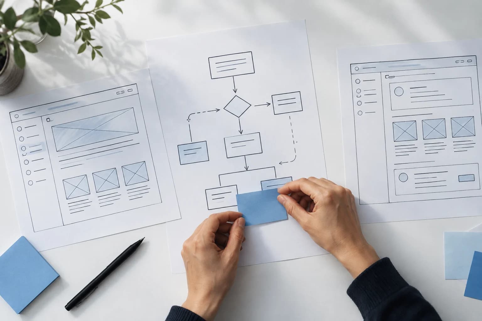 Illustrative software planning session with application wireframes and workflow sketches
