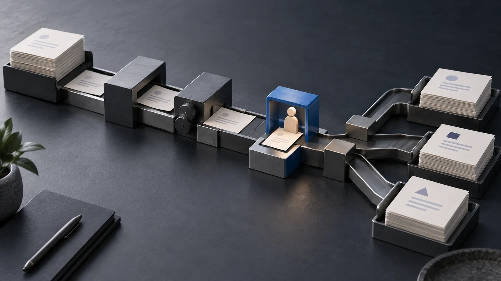 Document workflow model with an automated sorting path and a human review checkpoint.