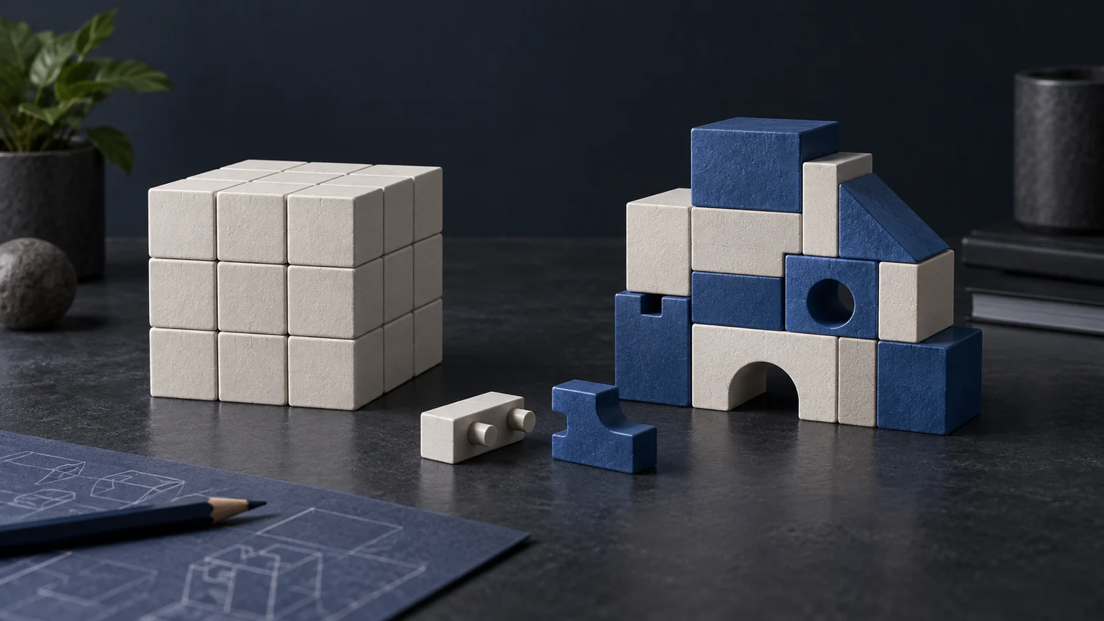 Uniform software modules beside a custom assembly of blue and white components.